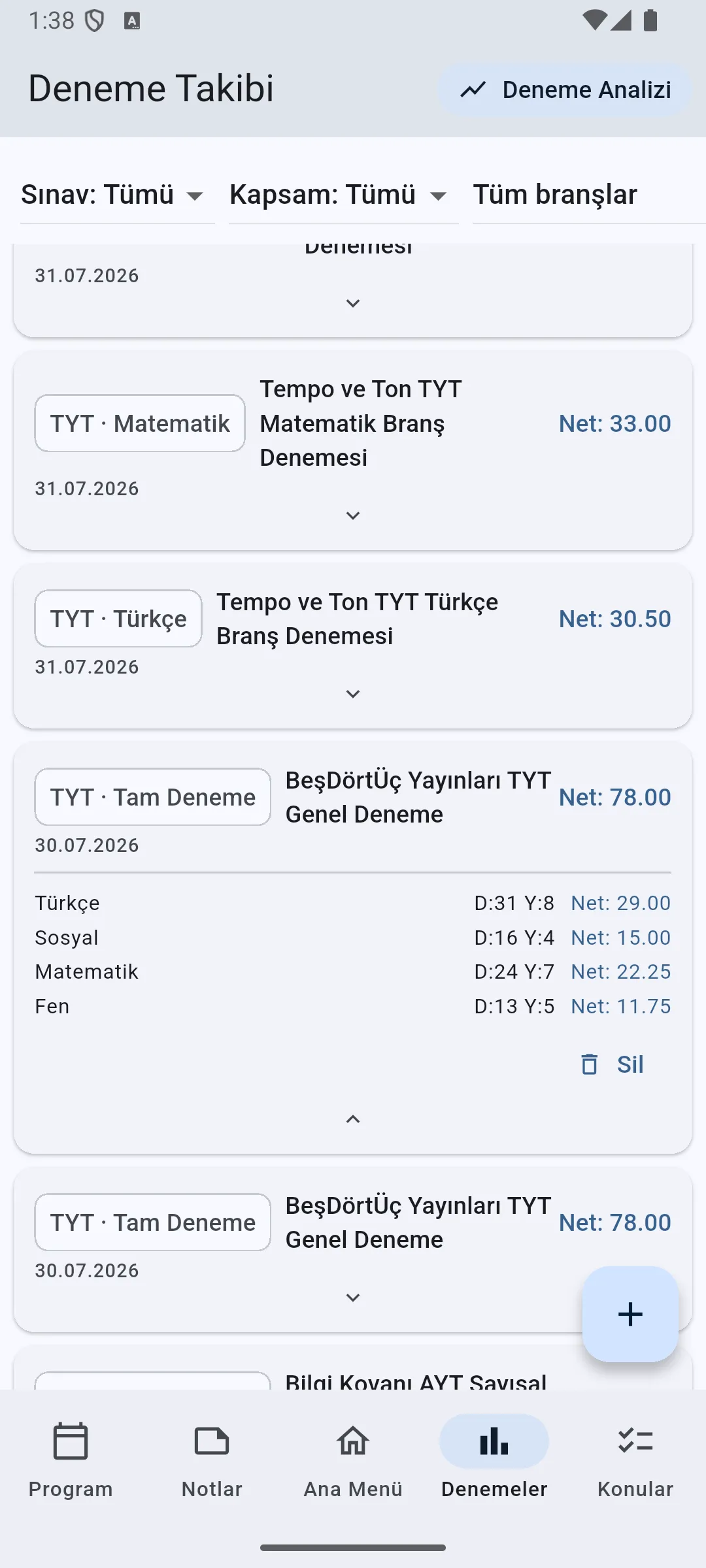 YKS Takip Deneme Takibi ekranında denemeler, tarihler ve net sonuçları.