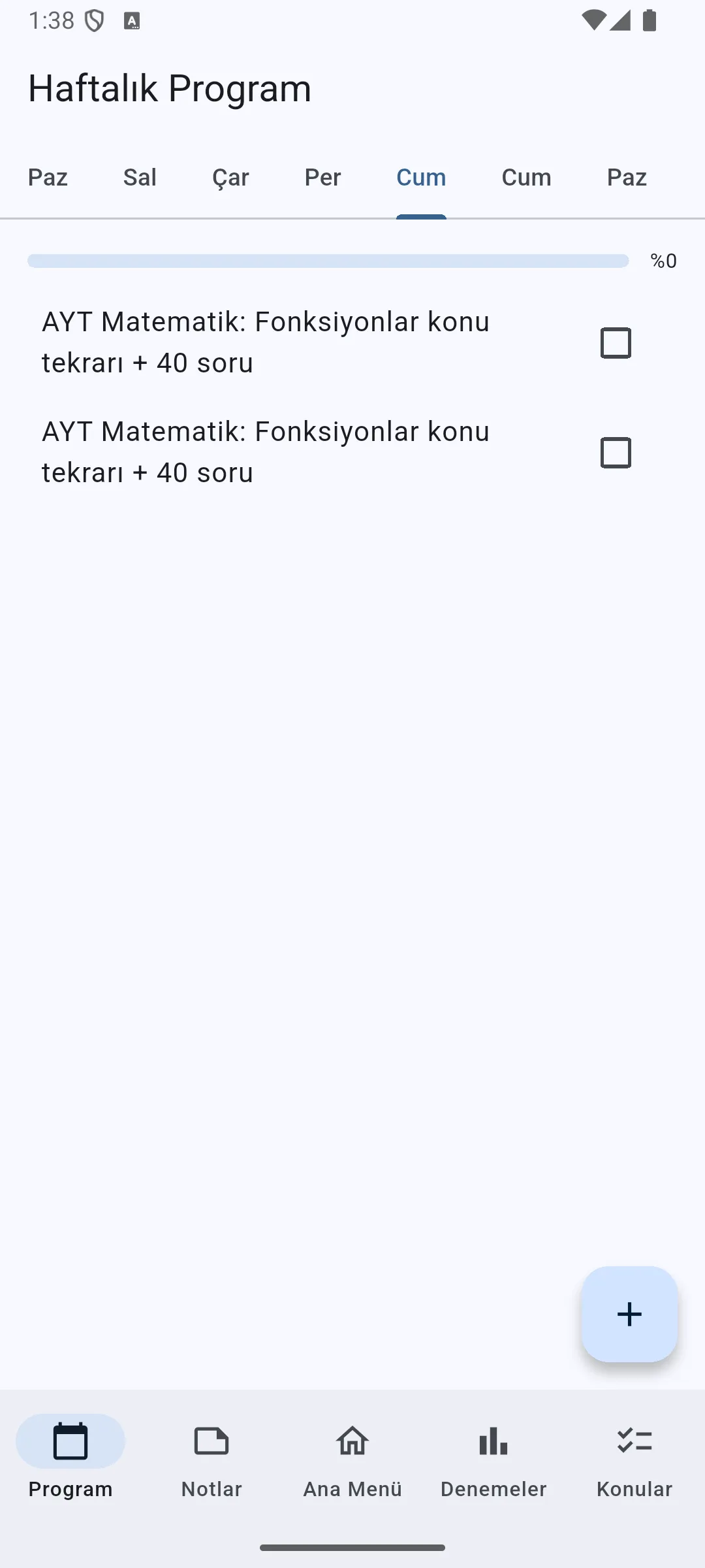 YKS Takip Haftalık Program ekranında gün sekmeleri, ilerleme ve matematik görevleri.