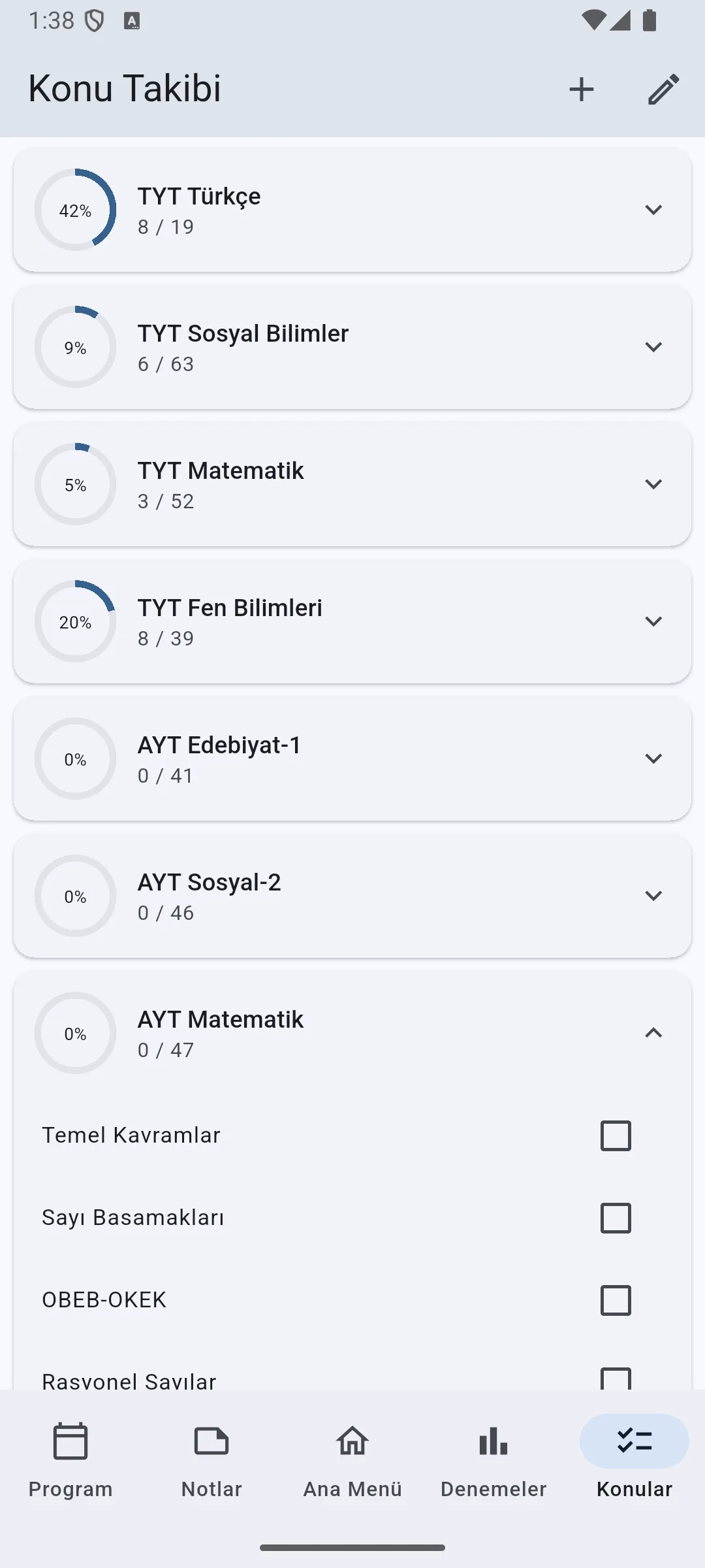 YKS Takip Konu Takibi ekranında TYT ve AYT ders ilerlemeleri ve konu listesi.